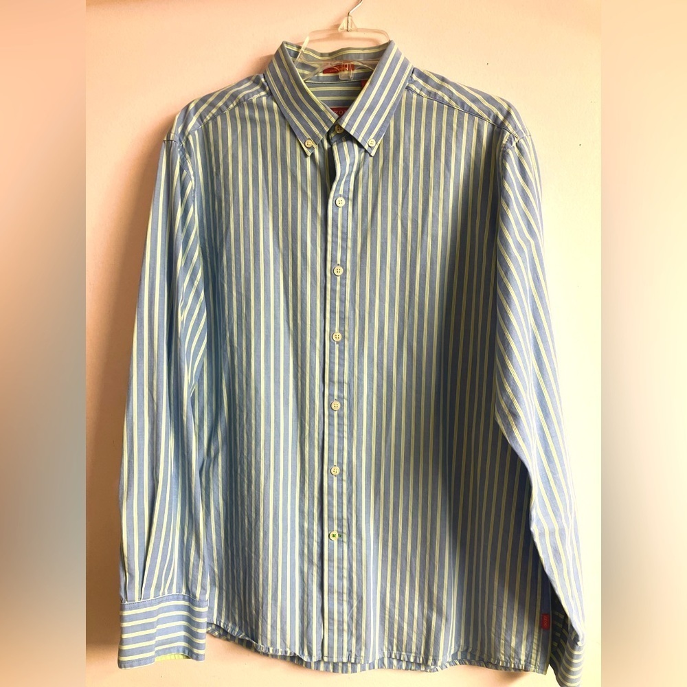 Izod Men’s Dress Shirt, L, Slim Fit, Button Front, Long Sleeves, Blue, Stripes
